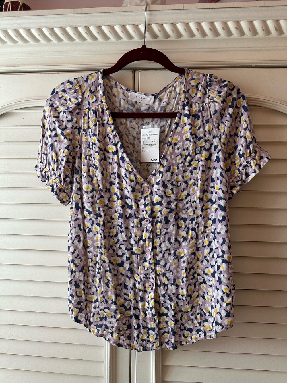 Elodie Lavender Floral Button-Front Blouse with Yellow & Navy Accents.  NWT.